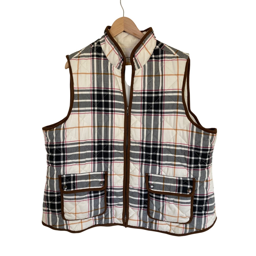 Foxcroft NYC Womens 2X Quilted Plaid Vest Cream Black Red Zip Front Brown Trim